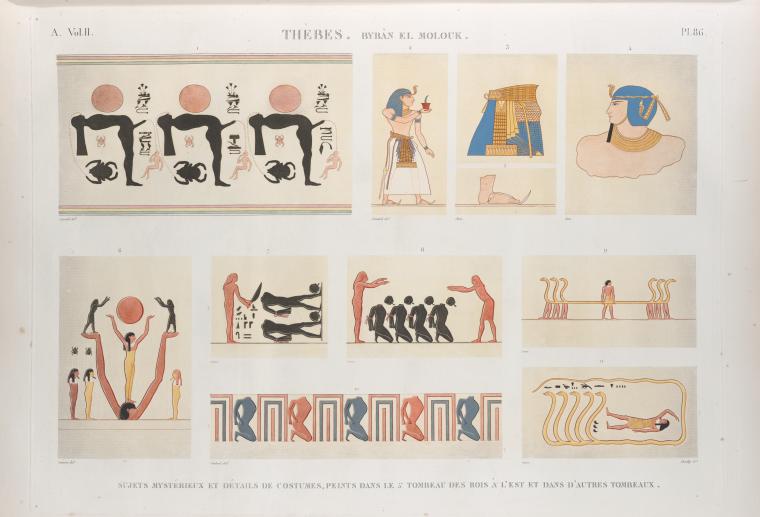 Thèbes. Bybân el-Molouk [Bîbân al-Mulûk]. Sujets mystérieux et détails de costumes, peints dans le 5-e tombeau des rois à l'est et dans d'autres tombeaux.