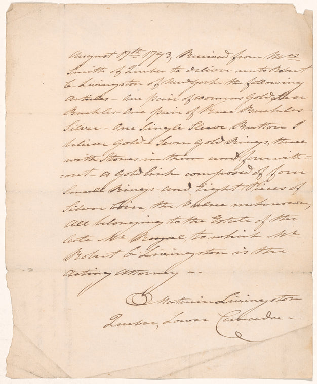 List of jewels sent to Robert C. Livingston, Esq. by Maturin Livingston
