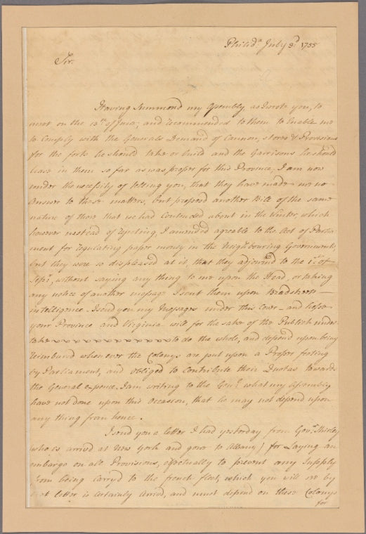 Letter to Gov. [Horatio] Sharpe [Annapolis]