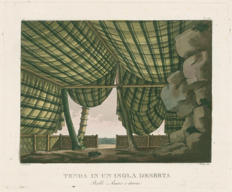 Tenda in un isola deserta.  Ballo Amore e dovere. Stucchi inc.  Fumag [i.e. Fumagalli] acq. [after a set design by Sanquirico]