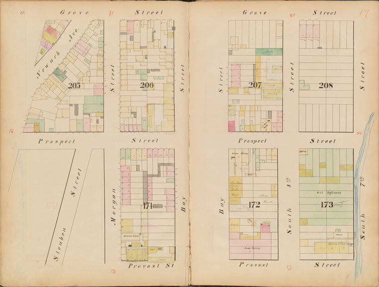 Jersey City, V. 1, Double Page Plate No. 17 [Map bounded by Grove St., S. 7th St., Provost St., Steuben St., Newark Ave.]