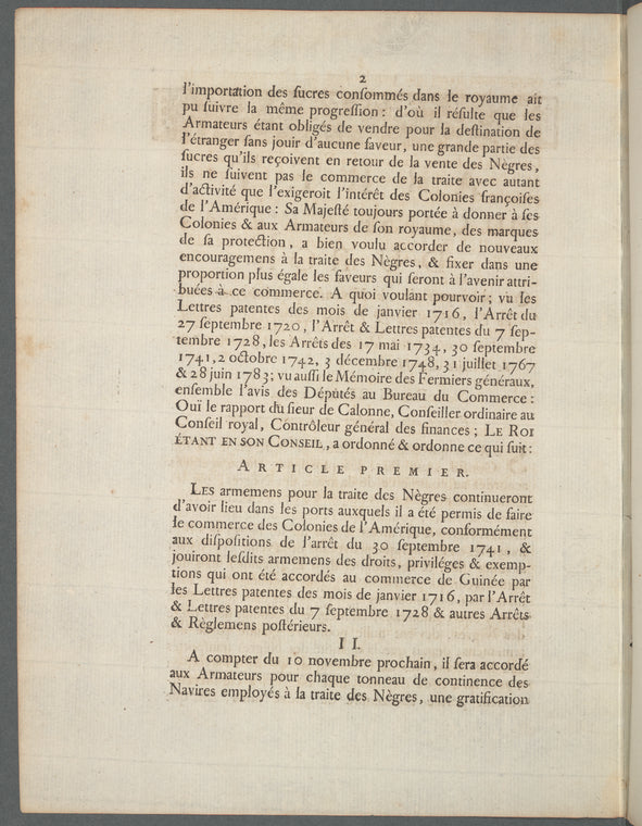 Arrêt du Conseil d'état du roi, qui, à compter du 10 novembre prochain, convertit en gratifications et primes l'exemption du demi-droit accordée aux denrées coloniales provenant de la traite des noirs