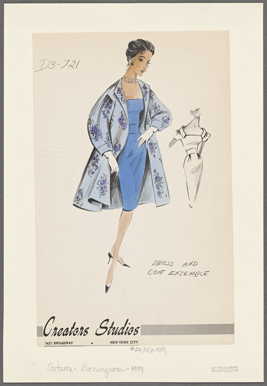 Ensemble with light blue floral print coat and blue dress with florentine neckline, wide-spaced shawl collar and puffed sleeves