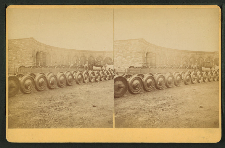 New railroad car wheels at a roundhouse in Ellis.