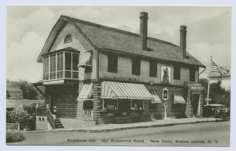 Keystone Inn, 253 Richmond Road, New Dorp, Staten Island, N.Y.  [old car in drive, sign for Beer Garden, 'penny' weight scale out front on walk, ad text on back with proprietor's name]