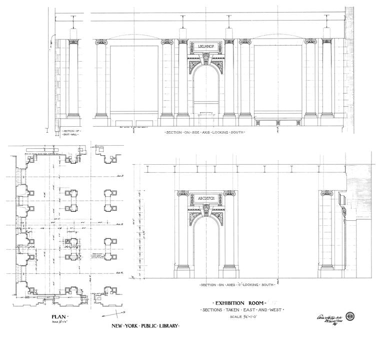 Exhibition room : sections taken east and west