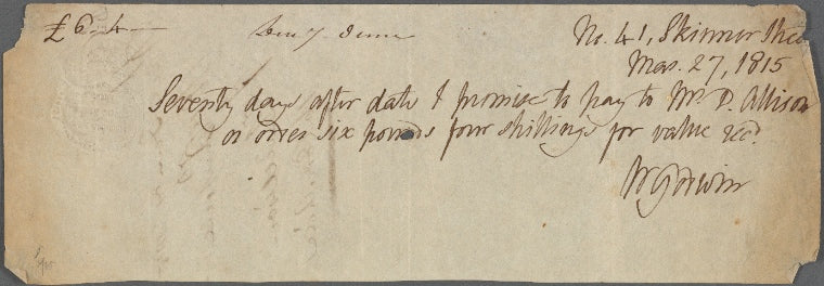 Autograph promissory note signed to D. Allison, 27 March 1815