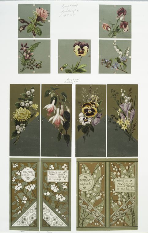 Birthday cards with decorative ornamentation, depicting flowers and blueberries.