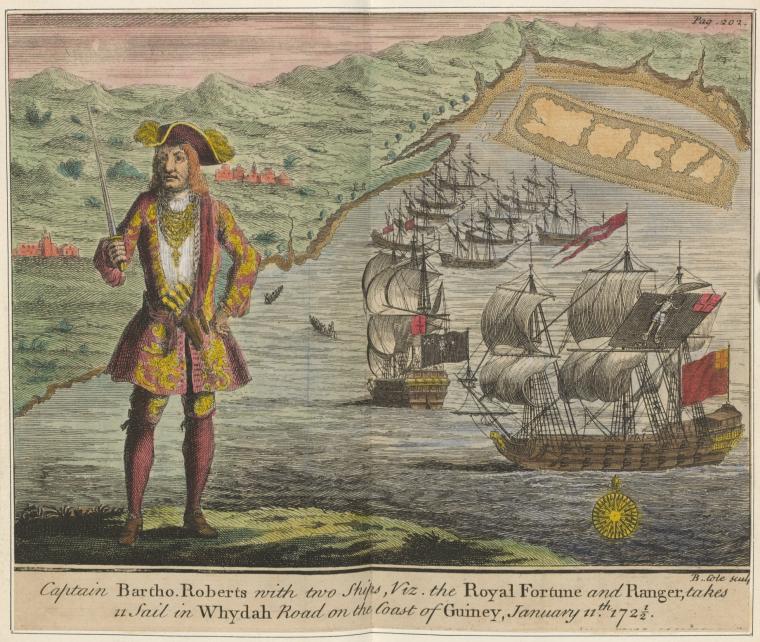 Captain Bartho. Roberts with two ships, Viz. the Royal Fortune and Ranger: , takes in sail in Whydah Road on the coast of Guiney, January 11, 172½