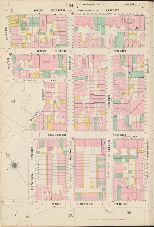 Manhattan, V. 3, Double Page Plate No. 50 [Map bounded by W. 4th St., Greene St., W. Houston St., Hancock St., Minetta St., 6th Ave.]