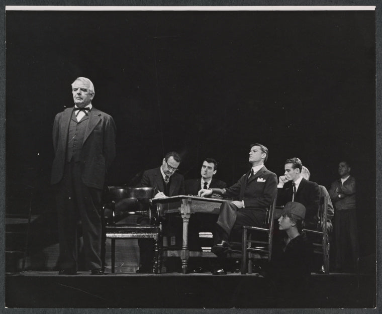 Frank Conroy, Roger De Koven, Roddy McDowall, Dean Stockwell and unidentified in the stage production Compulsion