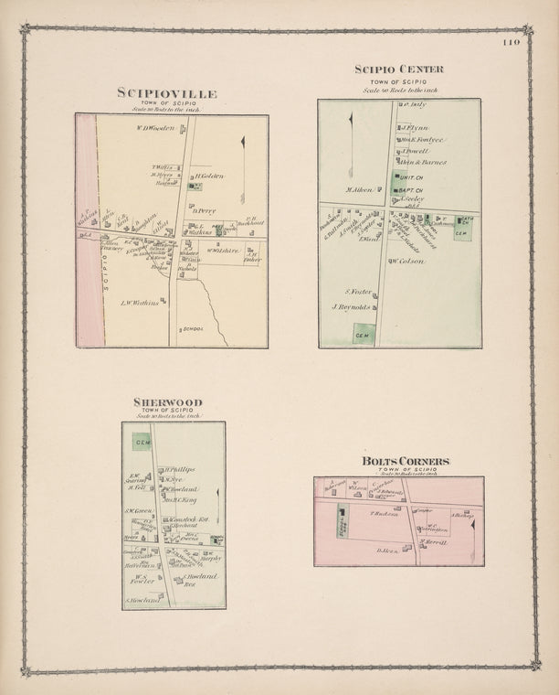 Scipioville [Village]; Scipio Center [Village]; Sherwood [Village]; Bolts Corners [Village]