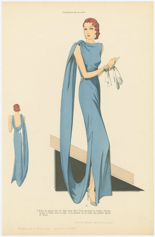 Robe de grand soir en crêpe satin bleu.
