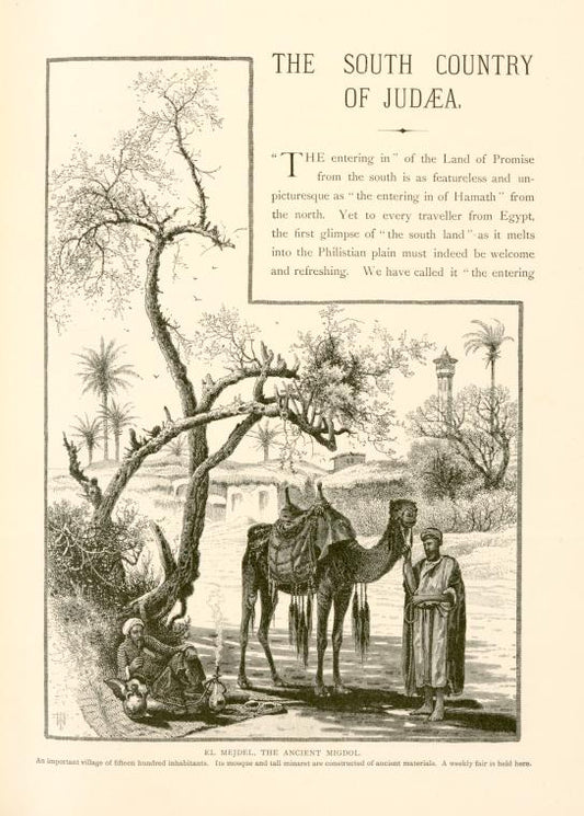 El Mejdel, the Ancient Migdol.  An important village of fifteen hundred inhabitants.  Its mosque and tall minaret are constructed of ancient materials. A weekly fair is held here.