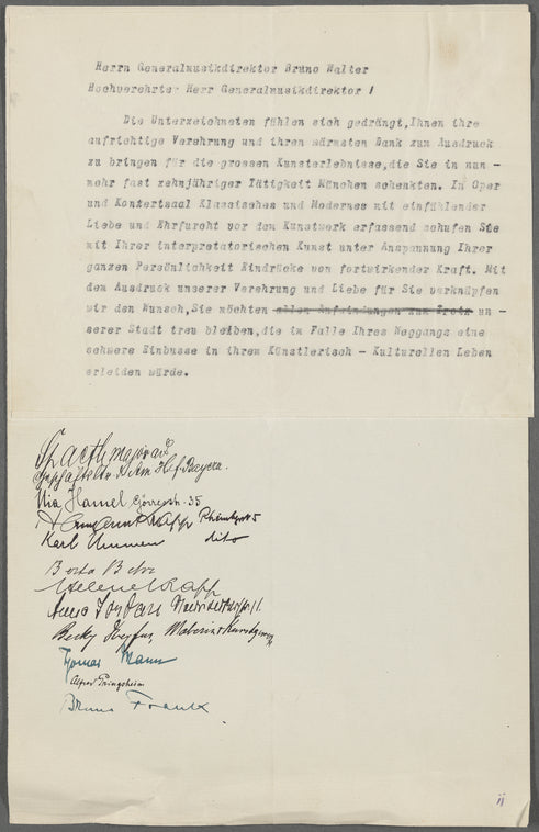 Farewell letter to Bruno Walter with several autographs