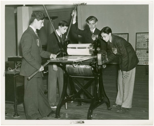 Great Britain Participation - Stamp Exhibit - Students from New York School of Printing examine press