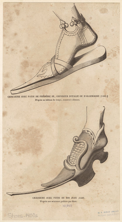 Chaussure avec patin de Frédéric III, empereur d'Italie ou d'Allemagne (1400) ; Chaussure avec patin du Roi Jean (1440)
