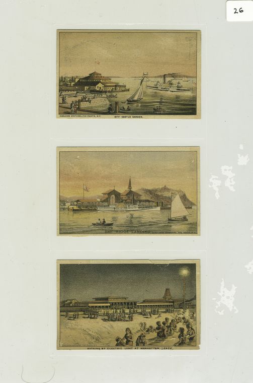 Trade cards depicting the beach, ocean, bathers, and boats; the cards are entitled: Off castle garden ; Bay Ridge Landing ; Bathing by electric light at Manhattan Beach.