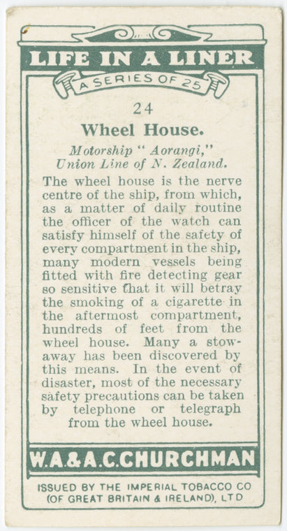 Wheel house.  Motorship "Aorangi," Union Line of N. Zealand.