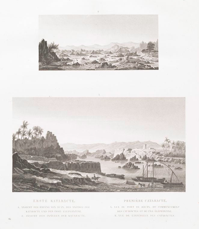 Erste Kataracte. A. Ansicht des Hafens von Suan, des Anfangs der Kataracte und der Insel Elephantine; B. Ansicht des inneren der Kataracte.