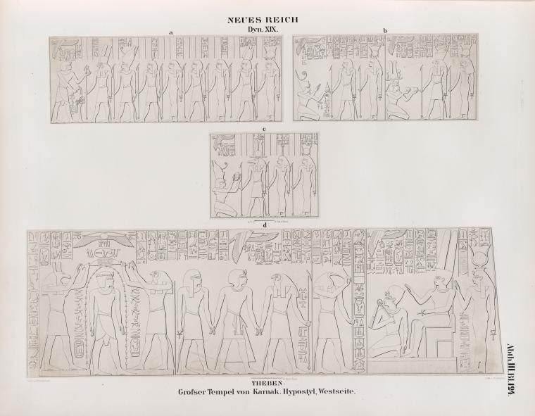 Neues Reich. Dynastie XIX.  Theben [Thebes]. Grosser Tempel von  Karnak. Hypostyl, Westseite.