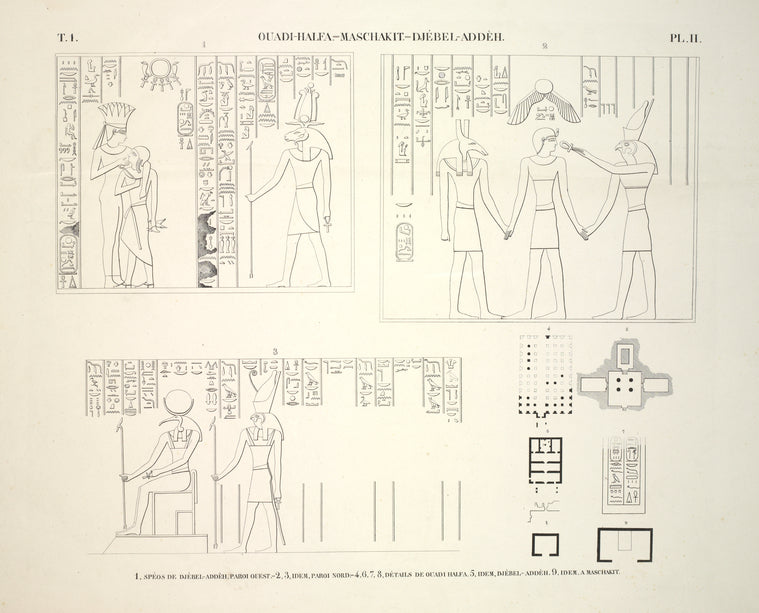 Ouadi-Halfa, Maschakit, Djébel-Addéh. 1. Spéos de Djébel-Addéh, paroi ouest; 2, 3. Idem, paroi nord; 4, 6-8. Détails de Ouadi-Halfa; 5. Idem, Djébel-Addéh; 9. Idem, à Maschakit.