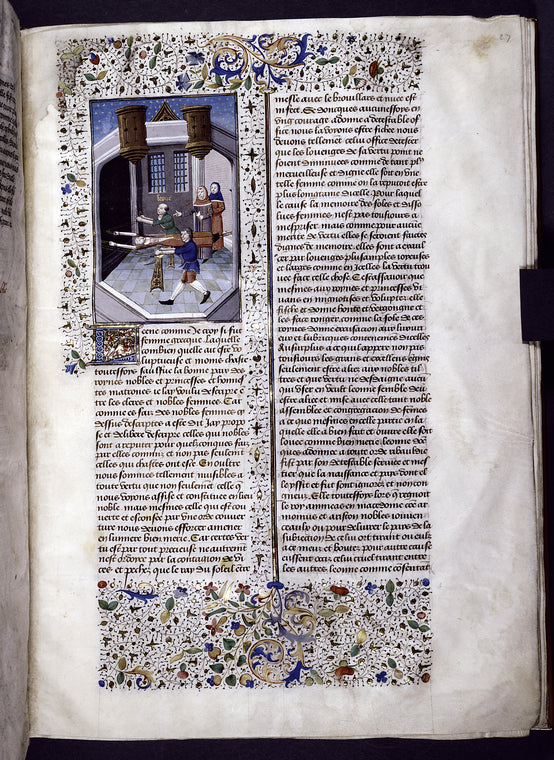 Miniature showing torture chamber.  Leaena is shown lying on a table, bound by feet and wrists to cords drawn through rings on walls.  Attendents rack her, two cowled men stand apart.  She spits her tongue at one of them.  Initial, border design.