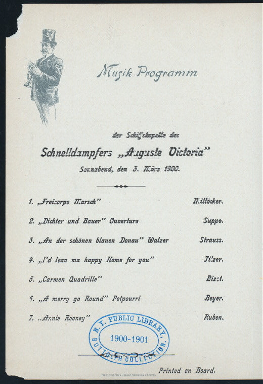 MENU [held by] HAMBURG-AMERIKA LINIE [at] "SCHNELLDAMPFER ""AUGUSTE VICTORIA""" (SS;)