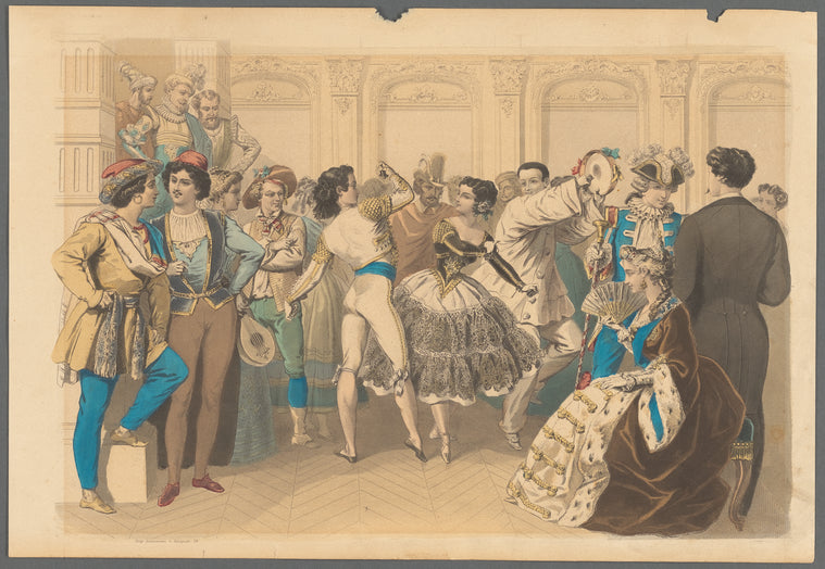 A fancy-dress ball with a couple in Spanish costume at center