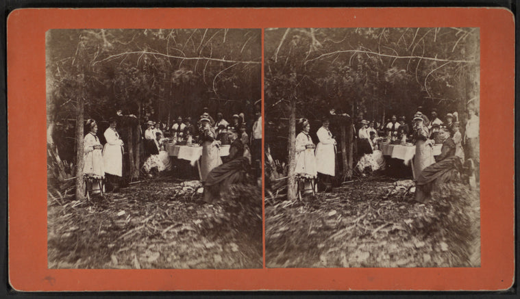 Group eating at table under trees.