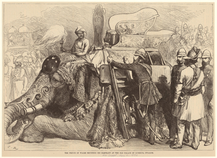 The Prince of Wales mounting his elephant at the old palace of Lushkur, Gwalior