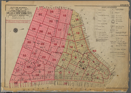 Outline and Index Map of Volume One, Atlas of New York City, Borough of Manhattan. Battery to 14th St.