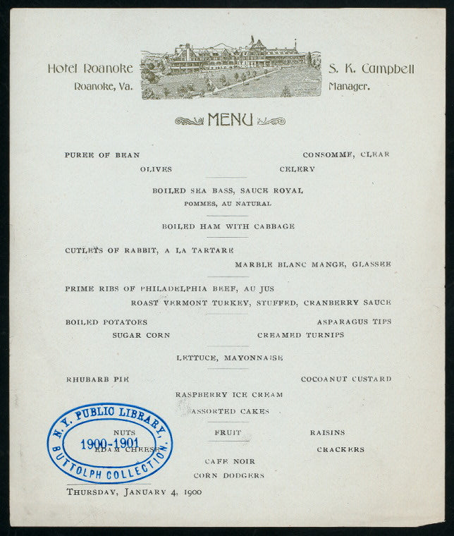 DINNER MENU [held by] ROANOKE HOTEL [at] "ROANOKE, VA" (HOTEL;)