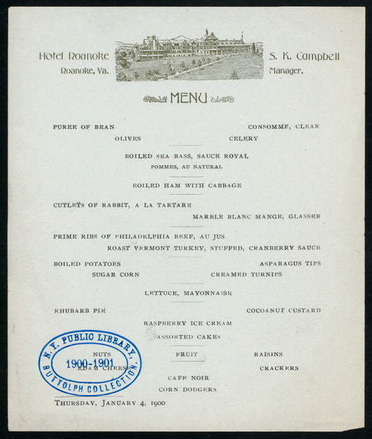 DINNER MENU [held by] ROANOKE HOTEL [at] "ROANOKE, VA" (HOTEL;)