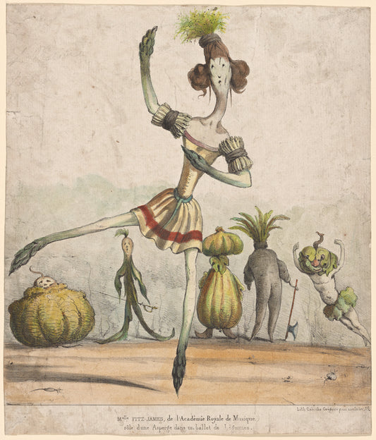 Melle. Fitz-James, de l'Académie royale de musique, rôle d'une asperge dans un ballet de légumes