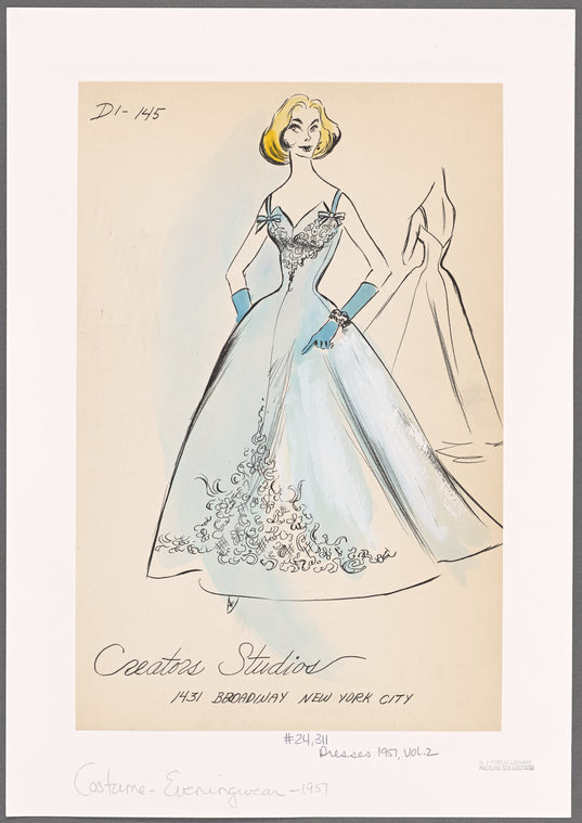 Full-length evening dress with gored skirt, spaghetti straps and bare back; decorative details on bodice and skirt