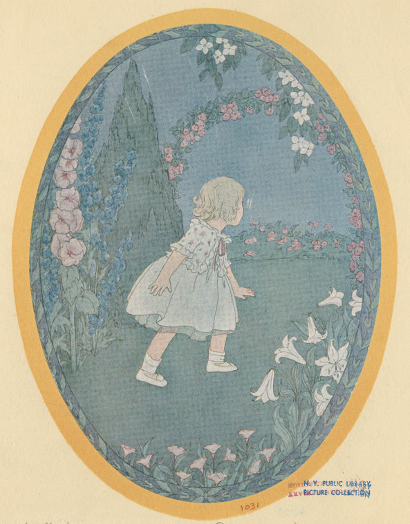 Girl in flower garden.