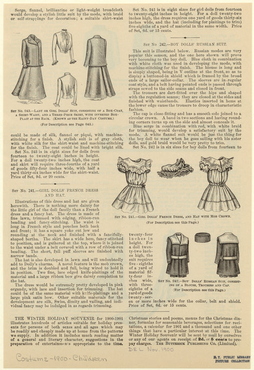 Doll clothes for ladies, girls and boys, 1901s