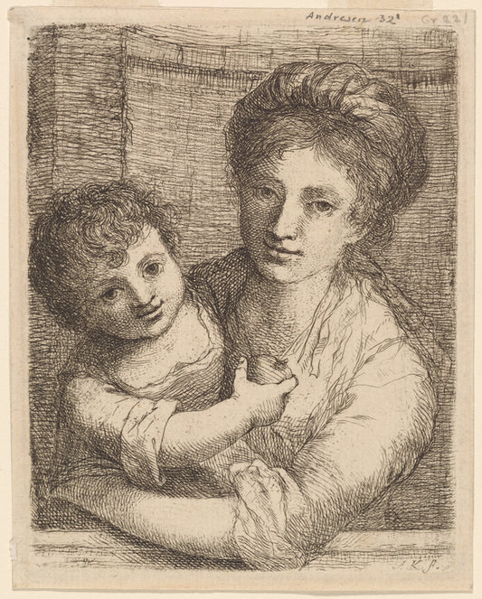 Half-length portrait of a woman, with a child holding an apple.