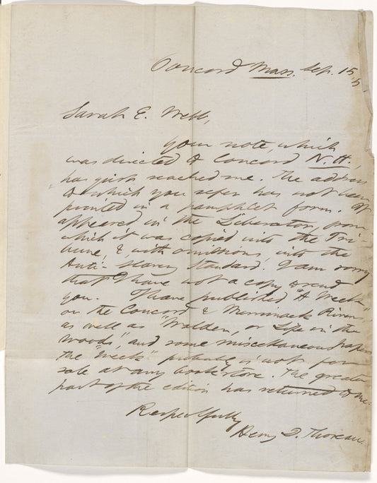 Webb, Sarah E., ALS to. Sep. 15, 1854.