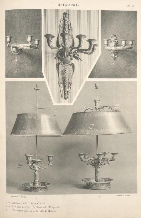 Malmaison: 1. Appliques de la Salle du Conseil. 2. Flambeau-bouillotte du Bureau de l'Empereur. 3. Flambeau-bouillotte de la Salle du conseil