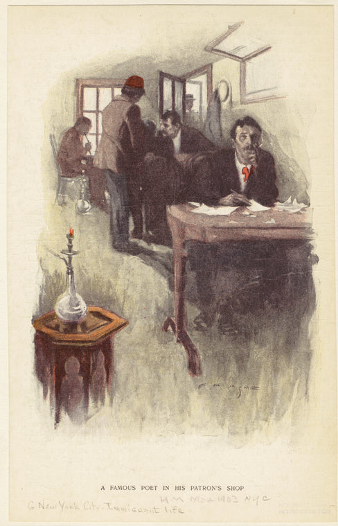A famous poet in his patron's shop