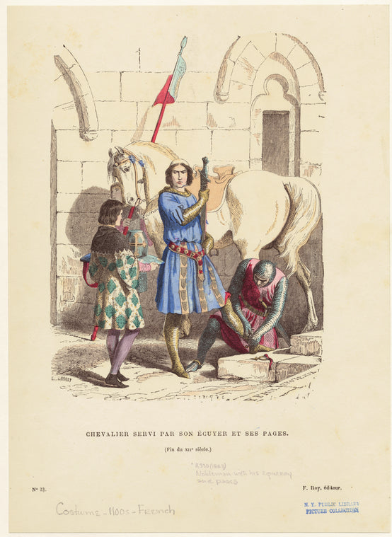 Chevalier servi par son écuyer et ses pages, (fin du XIIe siècle)