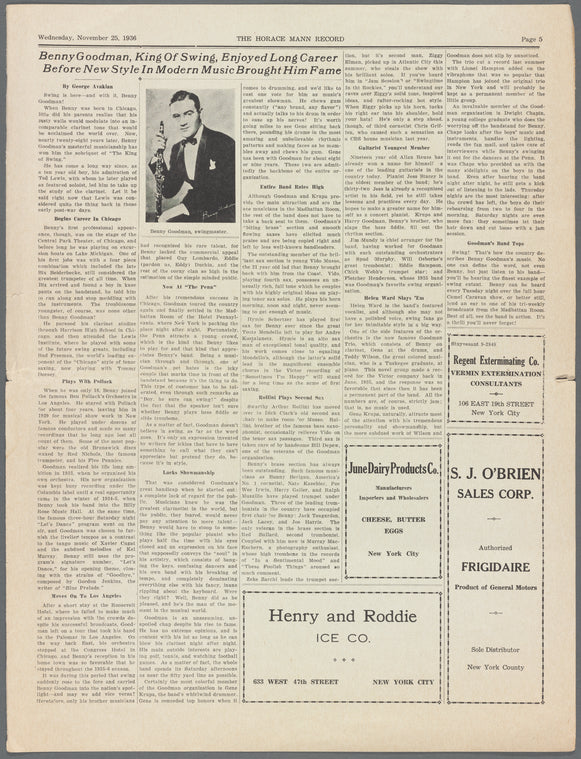Clipping from Horace Mann Record of Avakian interview of Benny Goodman