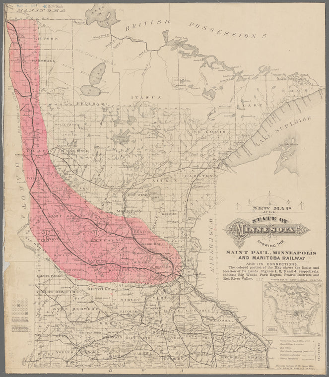 New map of the state of Minnesota : showing the Saint Paul, Minneapolis and Manitoba Railway and its connections