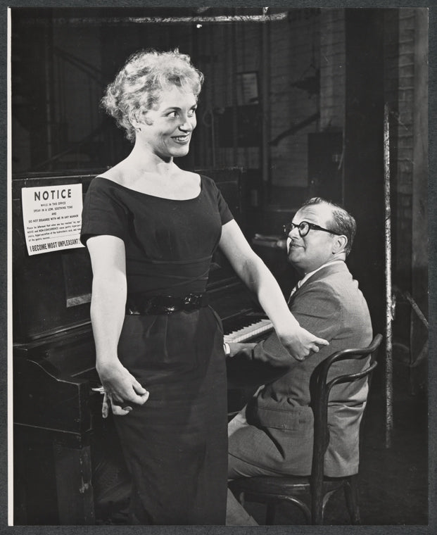 Judy Holliday and Jule Styne in rehearsal for the stage production Bells Are Ringing