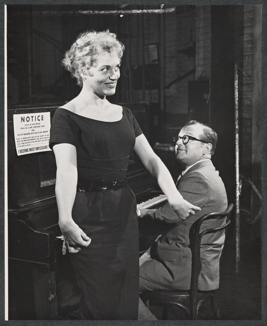 Judy Holliday and Jule Styne in rehearsal for the stage production Bells Are Ringing