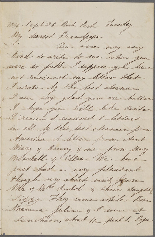 Hawthorne, Una, ALS to [Nathaniel Peabody], grandfather. Sep. 26, [1854].