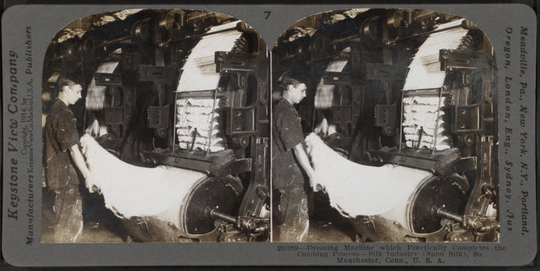 Dressing machine which practically completes the combimg process. Silk industry (spun silk), South Manchester, Conn., U.S.A.