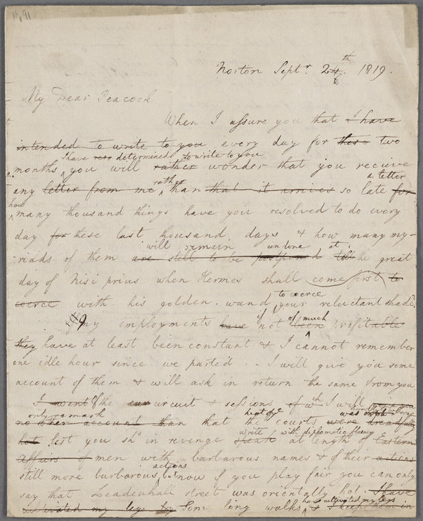 Autograph letter (draft) signed to Thomas Love Peacock, 26 September 1819